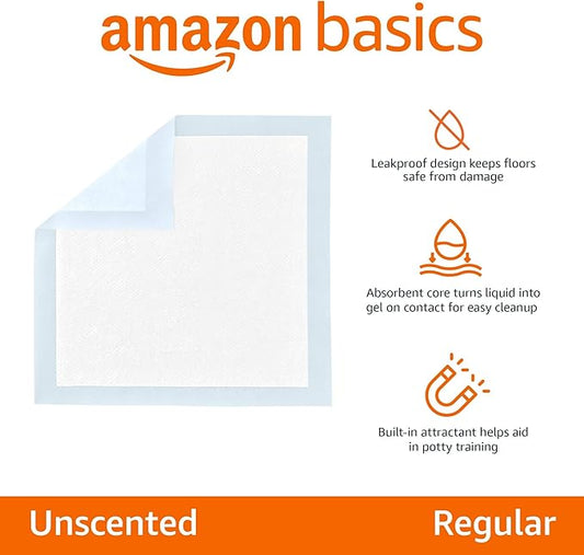 Amazon Basics Dog and Puppy Pee Pads, 5-Layer Leak-Proof Super Absorbent, Quick-Dry Surface, Potty Training, Regular (22x22"), 150 Count, Blue & White