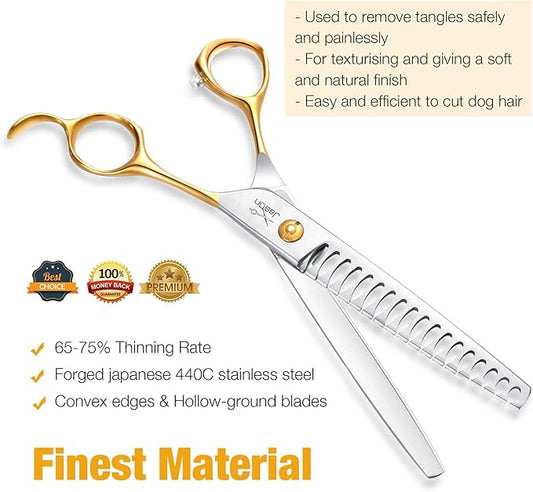 JASON 7.5" 18-Teeth Chunkers Shears for Dogs Cats Grooming Texturizing Blending Thinning Scissor Pets Trimming Kit Sharp Gold Shear for Right Handed Groomers