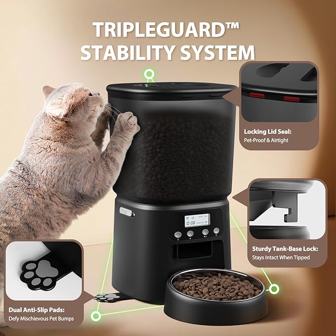 Automatic Cat Feeder, 4L Timed Dry Food Dispenser with Stainless Steel Bowl, Pet Food Feeder for Cats & Small Dogs, Programmable for 6 Meals & 30 Portions Per Day, 10S Voice Record, Dual Power, Black
