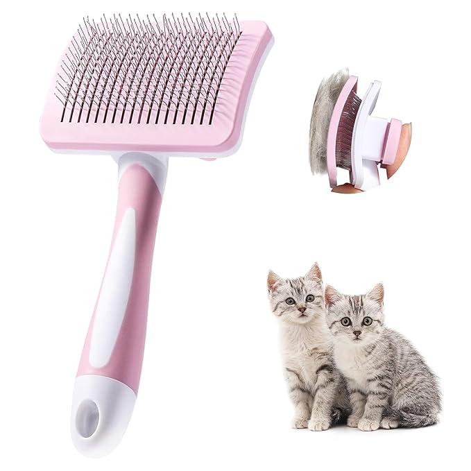 Self Cleaning Slicker Brush for Dogs and Cats - Retractable Bristles for Easy Hair Removal - Grooming Tool for Long and Short Hair - Effortless Pet Shedding Solution (Pink)