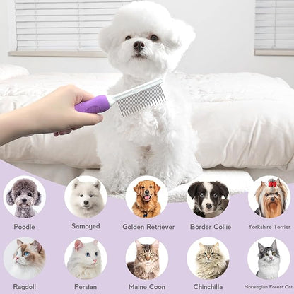 Detangling Pet Comb for Dog & Cat, Grooming Comb with Long & Short Stainless Steel Teeth, Safely Remove Knots & Tangles for Healthy Shiny Coat, Gentle Effective Detangling Tool for Pet Hair (Purple)