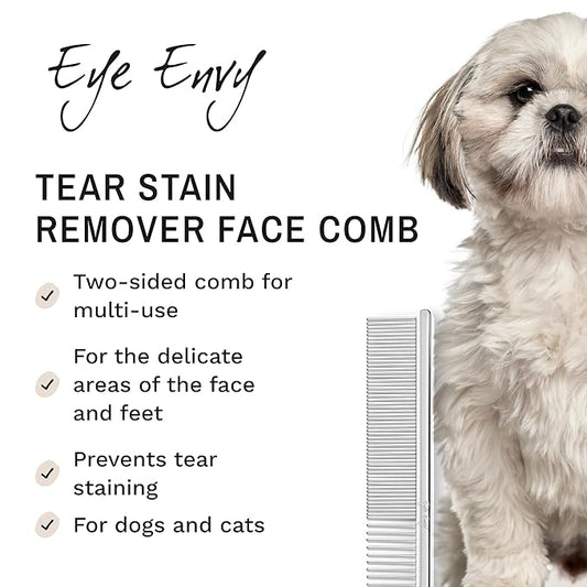 Eye Envy Tear Stain Remover Comb for Dogs and Cats. Fine/Coarse Comb with 80 Rounded Pins. Gently Remove Crusty Eye Debris, Gunk and Boogers. Face and Feet Comb. Remove Tangles