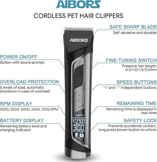Dog Clippers for Grooming - 5 Speeds Quiet Dog Trimmer Grooming Kit for Thick Heavy Coats Dog Hair Clippers for Pets Cordless Rechargeable Dog Shaver for Small and Large Dogs Cats Animals
