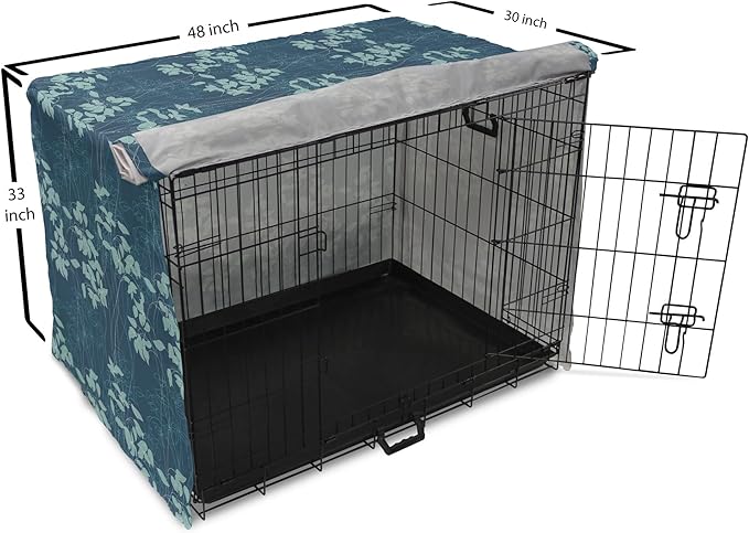 Lunarable Blue Floral Dog Crate Cover, Abstract Leaves and Outlines Rural Field Garden Foliage Art, Easy to Use Pet Kennel Cover for Medium Large Dogs, 48 Inch, Green Night