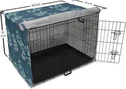 Lunarable Blue Floral Dog Crate Cover, Abstract Leaves and Outlines Rural Field Garden Foliage Art, Easy to Use Pet Kennel Cover for Medium Large Dogs, 48 Inch, Green Night