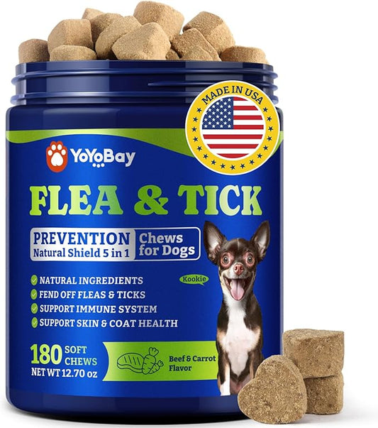 Flea & Tick Prevention for Dogs Chewables, Natural Dog Flea and Tick Control Treatment, Oral Flea Pills, Dogs Supplement, Natural Shield 5-in-1 Protection, Beef & Carrot Flavor, 180 Soft Chews