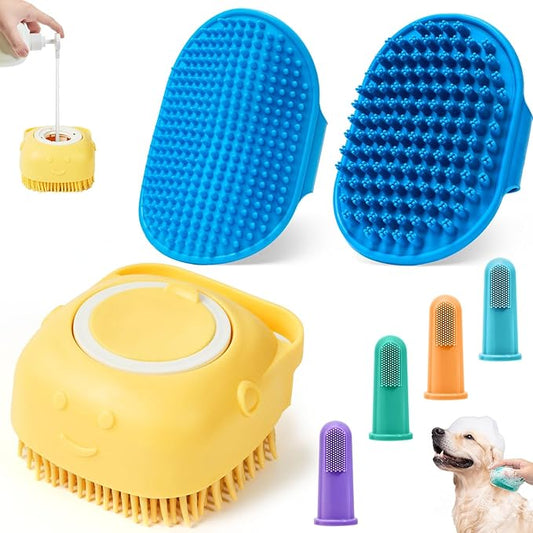 4PCS Dog Bath Brush – Soft Silicone Pet Grooming & Shampoo Scrubber for Dogs and Cats, Massage Brush for Bathing & Cleaning (Yellow & Blue)