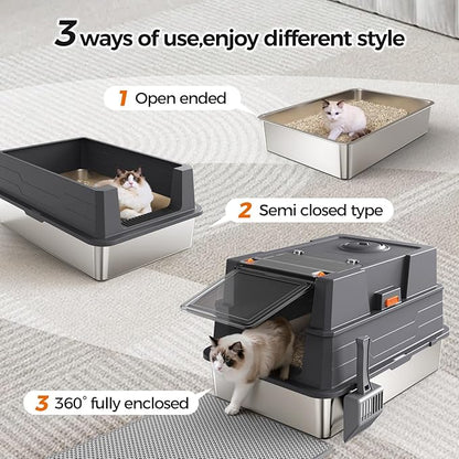 XXXL Stainless Steel Litter Box with Lid,28" L x 20.5" W x 16.5" H Extra Large Cat Litter Box Enclosure for Large and Multi-Cats Families,Non-Sticky, Anti-Leakage, Easy to Clean(Dark Blue)