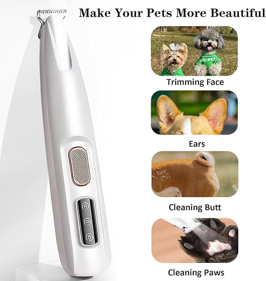 Electric Paw Trimmer for Dogs & Cats - Ultra Quiet Rechargeable Clipper with LED Light, 2 Wide Blades, Waterproof for Paws, Ears, Face, Rump - Multifunctional Pet Grooming Tool