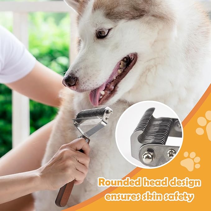 Dematting Comb for Dogs,Undercoat Rake for Dogs Cats 2-in-1 Stainless Steel Shedding Brush with Antislip Wooden Handle Pet Grooming Brush Effective for Cat Tangles Hair