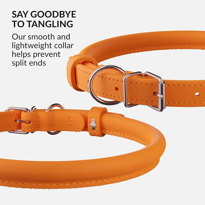 CollarDirect Rolled Leather Dog Collar, Soft Padded Round Puppy Collar, Handmade Genuine Leather Collar Dog Small Large Cat Collars 13 Colors (6-7 Inch, Orange Smooth)