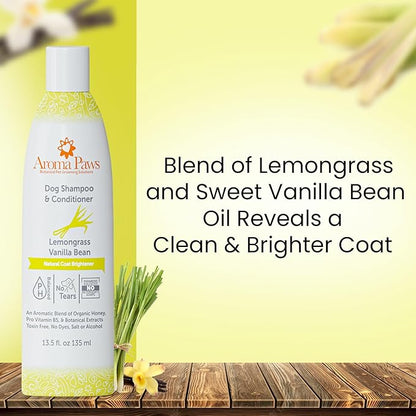 Dog Shampoo – Cleansing Wash, Conditioning, Moisturizing – Healthy Ingredients – Aromatic Grooming Puppy Shampoo – Tearless Cleaner, Lemongrass Vanilla Bean 13.5 oz