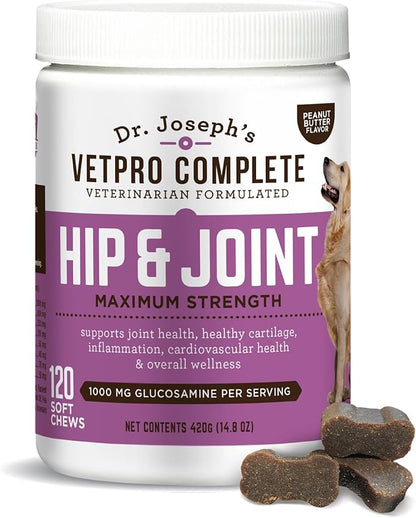 VetPro Complete Dr. Joseph's Peanut Butter Hip and Joint Dog Chews, 120 Count, Pain and Inflammation Relief with Glucosamine, Chondroitin, MSM, Turmeric, Vitamin C, Omega 3, Treats Hip Dysplasia