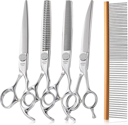 Polished Dog Grooming Scissors Set with Simulation Diamond 440C Stainless Steel Thinner Curved Straight Chunker Shears with Comb 7.5''