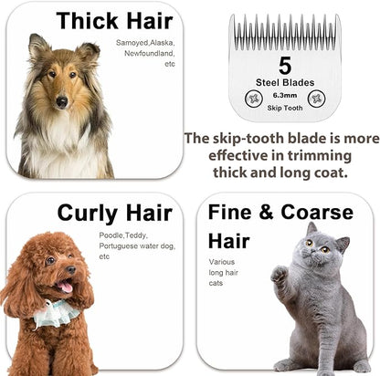 5 Skip Tooth Blades,Detachable Pet Dog Grooming Steel Blade Compatible with Andis,Oster A5,Wahl KM10 Series Clippers,Cut Length 1/4-Inch (6.4mm)