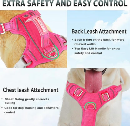 BARKBAY No Pull Dog Harness 3 Buckles Large Reflective Dog Harness with Front Clip and Easy Control Handle for Walking Training Running with ID tag Pocket(Pink,XL)