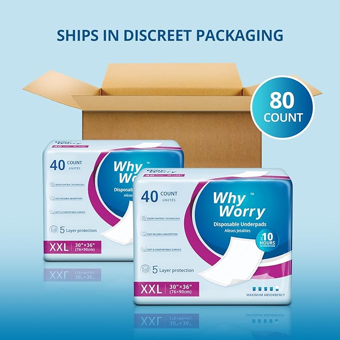 WhyWorry Extra Large Disposable Bed Pads 30" x 36", Super Absorbent Leakproof Incontinence Underpads for Surface Protection, Quilted Chucks Pee Pads for Adults and Babies, 160 Count (4 Packs of 40)