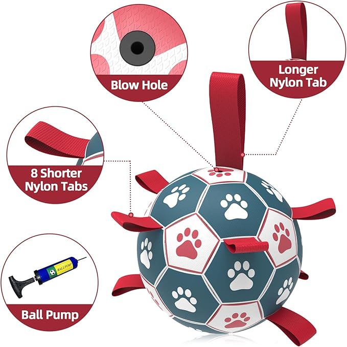 QDAN Dog Toys Extra Large Soccer Ball with Straps, Interactive Toys for Tug of War, Puppy Birthday Toy, Dog Water Toy, Dog Balls for Large Dog -Blue&Red (9 Inch)