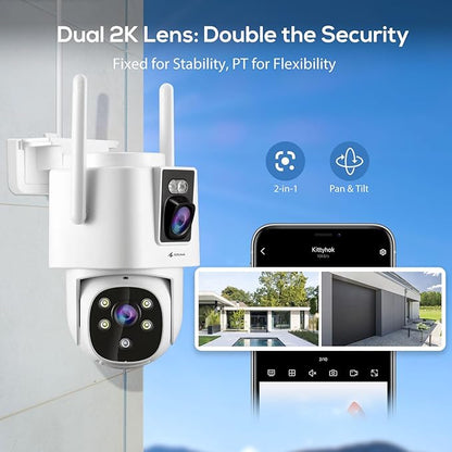 Kittyhok Dual Lens Wireless Security Camera System, 4pcs 2K Outdoor Camera with 2.4/5GHz WiFi, Pan & Tilt, Auto Tracking, Human Detection, Color Night Vision, 16CH Wi-Fi 6 NVR with 1TB HDD, KWDP164