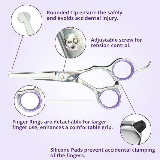 Grooming Scissors, Stainless Steel Dog Shears with Safety Rounded Tip, Set of Two Dog Scissors in a Leather Cover, Professional Pet Grooming Kit