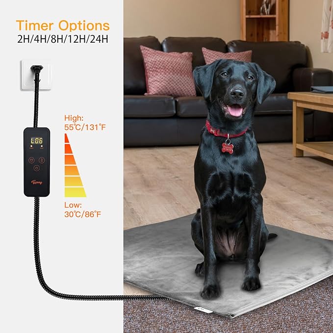 Toozey Pet Heating Pad, 6 Adjustable Temperature Dog Cat Heating Pad with Timer, Indoor Pet Heating Pads for Cats Dogs with Chew Resistant Cord, Electric Pads for Dogs Cats, Pet Heated Mat