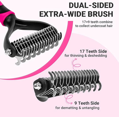 MIU COLOR Pet Grooming Brush, 2 Sided Undercoat Rake for Dogs & Cats, Professional Deshedding Brush and Dematting Tool, Effective Removing Knots, Mats, Tangles for Cats, Dogs, Extra Wide (Pink)