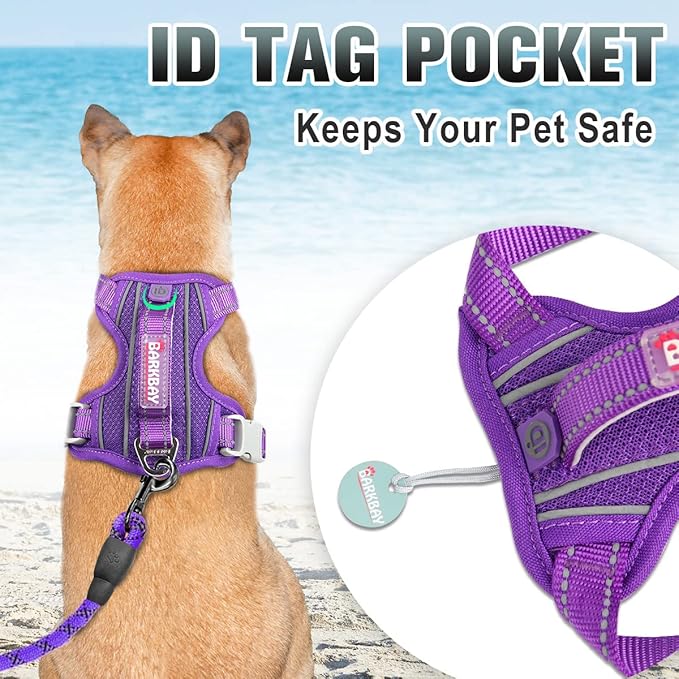 BARKBAY No Pull Dog Harness Large Reflective Dog Harness with Front Clip and Easy Control Handle for Walking Training Running with ID tag Pocket(Purple,XL)