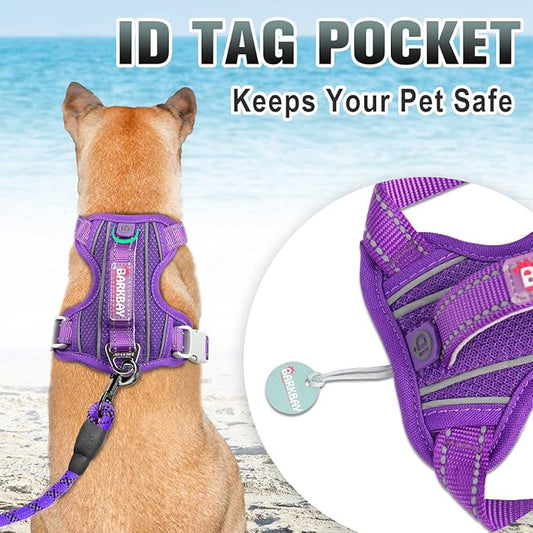 BARKBAY No Pull Dog Harness Large Reflective Dog Harness with Front Clip and Easy Control Handle for Walking Training Running with ID tag Pocket(Purple,M)