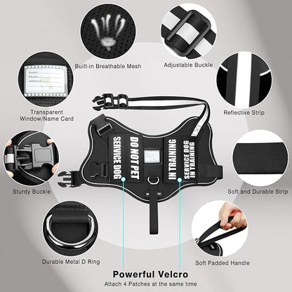 Service Dog Vest Harness and Leash Set+10 Patches,No Pull&Easy Walk Reflective Dog Harness with Soft Padded Handle for Training/Everyday,Fit Small/Medium/Large/Extra-Large Dogs (Black L)