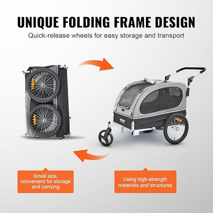 VEVOR Dog Bike Trailer, Supports up to 66/88/100 lbs, 2-in-1 Pet Stroller Cart Bicycle Carrier, Easy Folding Cart Frame with Quick Release Wheels, Universal Bicycle Coupler, Reflectors, Flag