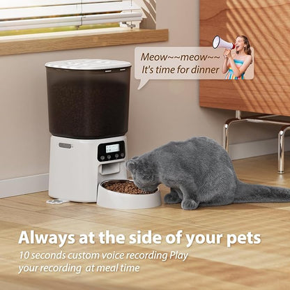Automatic Cat Feeder, 4L Timed Dry Food Dispenser with Stainless Steel Bowl, Pet Food Feeder for Cats & Small Dogs, Programmable for 6 Meals & 30 Portions Per Day, 10S Voice Record, Dual Power, White