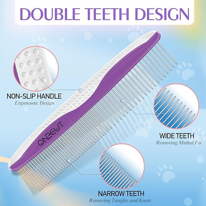 Dog Comb, OneCut Pet Grooming Tool for Removing Tangles Knots and Matted Fur, Wide and Narrow Teeth Comb Design for Dogs and Cats (Purple)