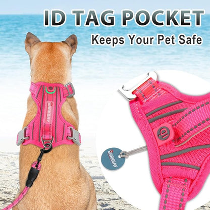 BARKBAY No Pull Dog Harness 3 Buckles Large Reflective Dog Harness with Front Clip and Easy Control Handle for Walking Training Running with ID tag Pocket(Pink,M)