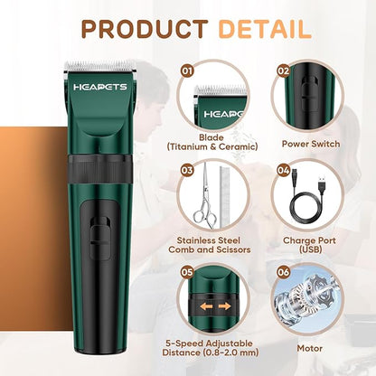 Dog Clippers for Grooming, Low Noise, Electric Quiet, Adjustable Clipper Comb, Rechargeable Cordless Dog Hair Clippers for Dogs Cats Pets, Green