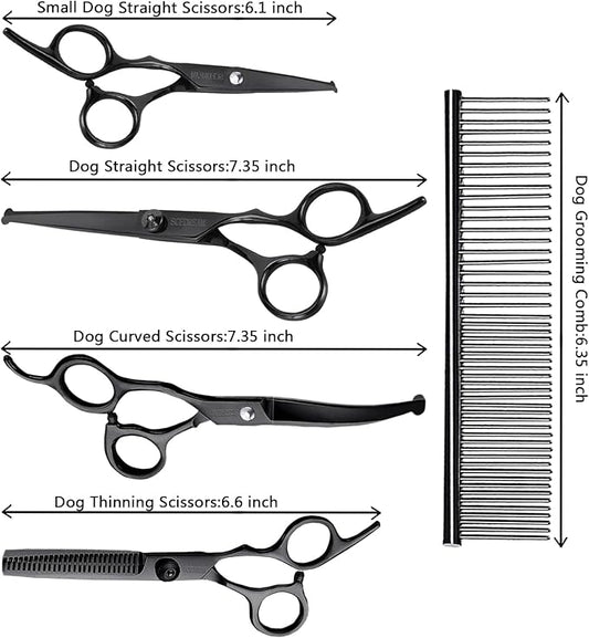 Dog Grooming Scissors Kit with Safety Round Tips, Professional 6 in 1 Grooming Scissors for Dog, Cats, Pets, 4CR Stainless Steel, Sharp and Durable