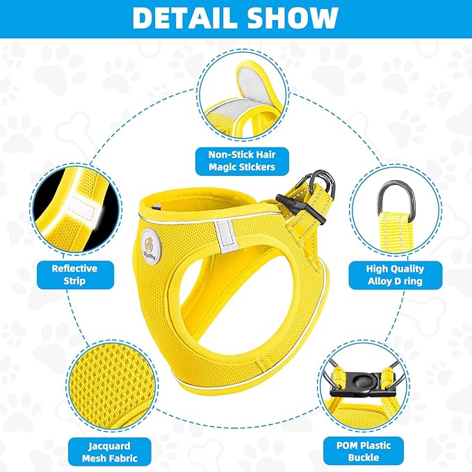Dog Harness and Leash Set, No Pull Soft Mesh Puppy Harness for Small Medium Dogs, Cats - Step in Reflective Breathable Lightweight Vest Harness for Walking, Training - Yellow, S