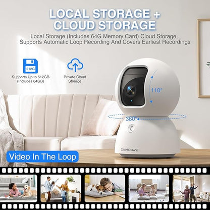 3K Baby/Pet Security Camera with 64GB SD Card, No Monthly Fee, 360° Pan-Tilt, Color Night Vision, AI Cry/Motion Detection, 2-Way Talk, WiFi 6, Compatible with Alexa