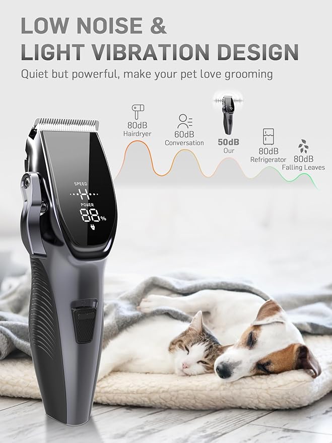 Dog Clippers Low Noise for Grooming,4 in 1 Dog Grooming Kit with 2 Speed,6 Guards,Scissors,Comb for Small Medium Large Pets Dogs Cats Thick Hair Cutting Light Pewter
