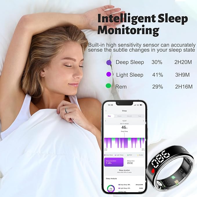 Smart Health Ring for Women Men, Smart Ring Fitness Tracker for iOS Android, Heart Rate, Blood Oxygen, Blood Pressure, Sleep Monitoring,5ATM Waterproof, No Subscription Fee (Gold, 11#)
