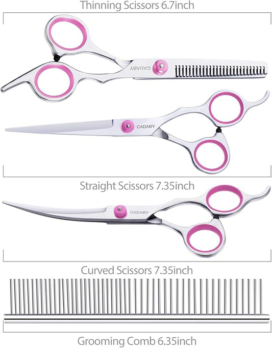 Pink Dog Grooming Scissors, Dog Grooming Scissors Kit, Professional Stainless Steel Pet Grooming Shears for Dog, Cat, 5 in 1