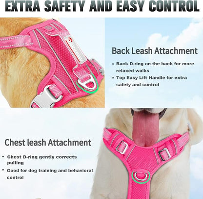 BARKBAY No Pull Dog Harness Large Reflective Dog Harness with Front Clip and Easy Control Handle for Walking Training Running with ID tag Pocket(Pink,M)
