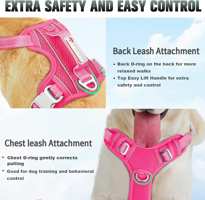 BARKBAY No Pull Dog Harness Large Reflective Dog Harness with Front Clip and Easy Control Handle for Walking Training Running with ID tag Pocket(Pink,S)