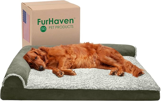 Furhaven Memory Foam Dog Bed for Large Dogs w/ Removable Bolsters & Washable Cover, For Dogs Up to 95 lbs - Two-Tone Plush Faux Fur & Suede L Shaped Chaise - Dark Sage, Jumbo/XL