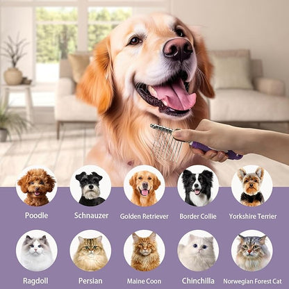 Detangling Pet Comb for Dog & Cat, Grooming Comb with Long & Short Stainless Steel Teeth, Safely Remove Knots & Tangles for Healthy Shiny Coat, Gentle Effective Detangling Tool for Pet Hair (Violet)