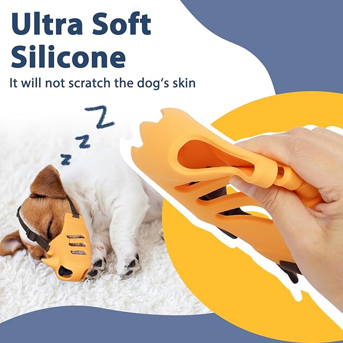 LUCKYPAW Dog Muzzle, Soft Muzzle for Small Medium Dogs Poodle Dachshund, Breathable Silicone Cage Mouth Cover to Prevent Biting Chewing, Funny Rhino Shaped Muzzle with Adjustable Head Strap(Yellow,XL)