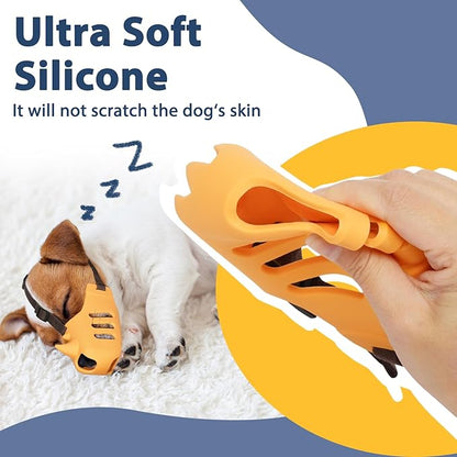 LUCKYPAW Dog Muzzle, Soft Muzzle for Small Medium Dogs Poodle Dachshund, Breathable Silicone Cage Mouth Cover to Prevent Biting Chewing, Funny Rhino Shaped Muzzle with Adjustable Head Strap(Yellow,XL)