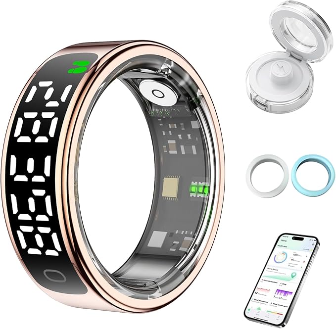 Smart Health Ring for Women Men, Smart Ring Fitness Tracker for iOS Android, Heart Rate, Blood Oxygen, Blood Pressure, Sleep Monitoring,5ATM Waterproof, No Subscription Fee (Gold, 13#)