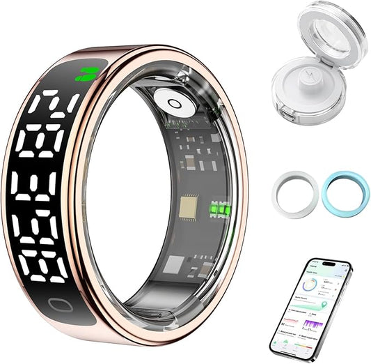 Smart Health Ring for Women Men, Smart Ring Fitness Tracker for iOS Android, Heart Rate, Blood Oxygen, Blood Pressure, Sleep Monitoring,5ATM Waterproof, No Subscription Fee (Gold, 13#)