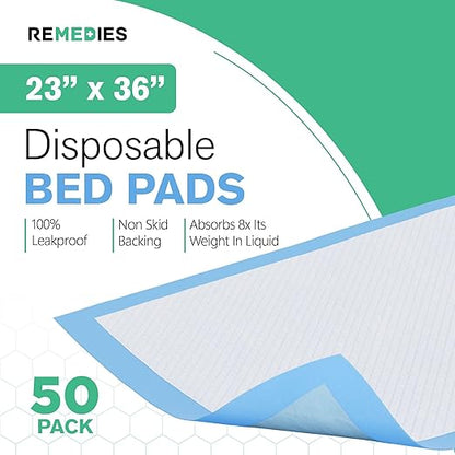 Remedies - Bed Pads Disposable Adults, Seniors, Kids & Puppy Pads - 23" x 36" - Large Disposable Underpads - 50 Count, Incontinence Underpads for Beds & Furniture, Dog Pee Pads, Dogs Chucks Pads