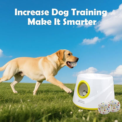 Automatic Dog Ball Launcher, Upgraded Interactive Dogs Balls Thrower for Small and Medium Dogs, Distance Adjustable Mental Stimulating Dog Toys with 4 Durable Etpu Balls 2.2 Inch (Yellow)